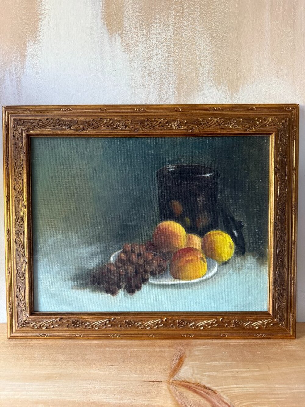 Original Oil Painting Framed Still Life Peaches Grapes Dark Academia Art Board